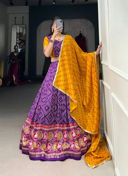 Purple Colour Tussar Silk Bandhej And Patola Print With Foil Work Lehenga With Blouse Dupatta Wholesale Online